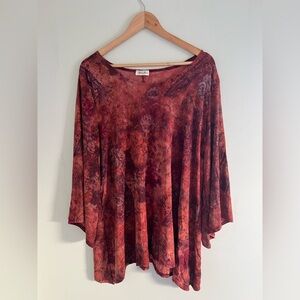 Brittany Black Rust Floral Boho Tunic Top Flowy Bell Sleeve Extra Large